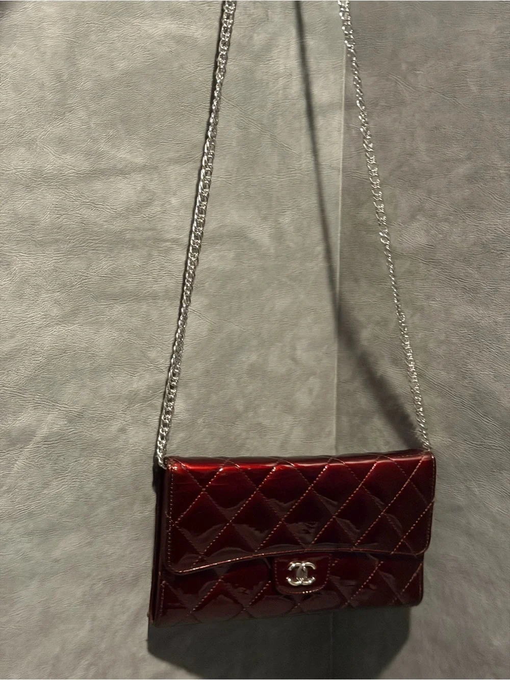 CHANEL Wine Red Medium Flap Patent Wallet Hologram w/ Chain and Authent Cert